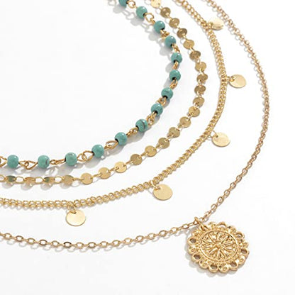 Dainty Layered Choker Necklace Bohemian Turquoise Necklace 14K Gold Plated Dainty Y Pendant Necklace Beach Fashion Pendant Choker - color: Gold-B