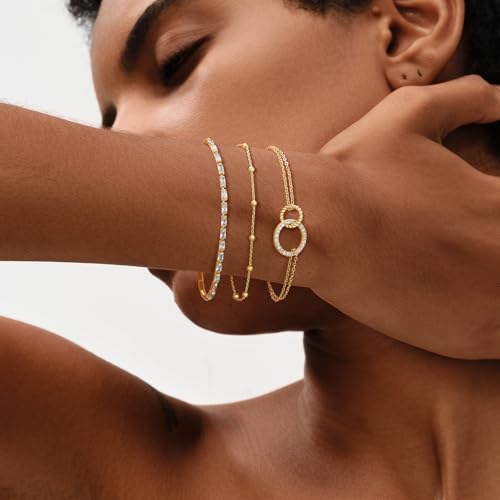 MEVECCO Dainty Chain Bracelets for Women, Layered and Charm Styles | 14K Gold Plated Brass, Select Cubic Zirconia Accents, Single and Multi-Row Structures for Refined Everyday Wristwear - style: Tennis Chain Baguette