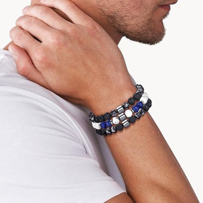 Mens Beaded Bracelets Set 8MM Tiger Eye Lava Stone Stretch Natural Stone Men's Bead Bracelet Mens Bracelet - color: 4,black,gray,lava rock,white bracelet