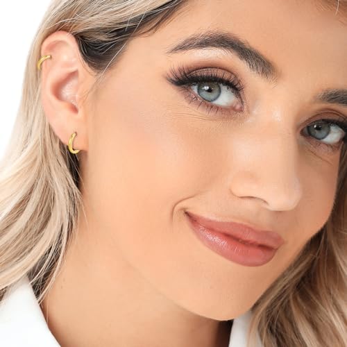 3 Pairs 925 Sterling Silver Small Huggie Hoop Earrings for Women Men | 14K White Gold Plated, Hypoallergenic, Small Silver Hoops - color: J-Gold 3Pairs 8mm