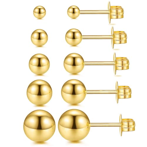 JINERA 5 Pairs Stud Earrings for Women 14K Plated Gold/Silver Pearl Ball Small Stud Earrings Set Cartilage Piercing Hypoallergenic Lightweight Flatback Earrings Jewelry Gifts for Women - color: 5 Pairs Ball Studs - Gold