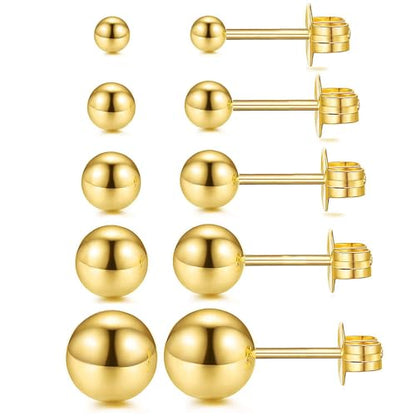 JINERA 5 Pairs Stud Earrings for Women 14K Plated Gold/Silver Pearl Ball Small Stud Earrings Set Cartilage Piercing Hypoallergenic Lightweight Flatback Earrings Jewelry Gifts for Women - color: 5 Pairs Ball Studs - Gold