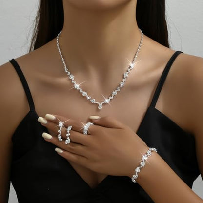 Wedding Jewelry Sets for Brides Rhinestone Necklace and Earring Set Bracelet Ring Gold Silver Prom Jewelry Sets Diamond Flower Teardrop Necklace for Women - color: Style1-Silver-4pcs