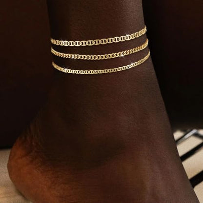 Gold Ankle Bracelets for Women Waterproof,14k Gold Plated Anklet Set 3PCS Cuban Mirror Dainty Anklets Summer Beach Gift