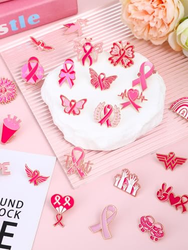JUNEBRUSHS 28pcs Breast Cancer Awareness Enamel Pins Pink Ribbon Butterfly Lapel Pins for Breast Cancer Awareness Party Survivor Charity Event Favors Women Girls Clothes Decor Accessories - style: Breast Cancer Awareness Style