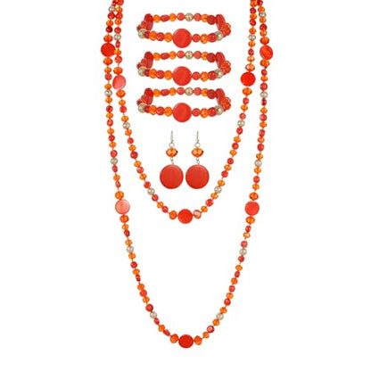 Trendy Infinity Wrap 60’’ Long Statement Necklace, Earrings and Bracelet Set - Hand Knotted Versatile Crystal and Shell Beads Strand Necklace and Chunky Beaded Stretch Bracelet Stack – Jewelry Set Gift for Women - color: Orange