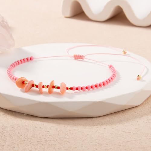 KELITCH Women Natural Stone Beads Anklet Boho Color Beaded Ankle Adjustable Foot Chain Jewelry for Summer Beach Holiday - color: Pink 08B
