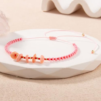 KELITCH Women Natural Stone Beads Anklet Boho Color Beaded Ankle Adjustable Foot Chain Jewelry for Summer Beach Holiday - color: Pink 08B