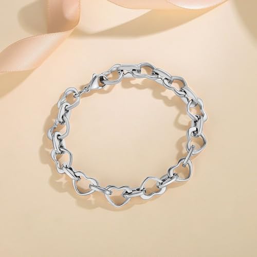 mnmoom Heart Bracelets for Women Stainless Steel with Rose gold, gold plating Heart links bracelets - color: Silver