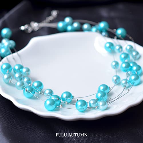 FULU AUTUMN Layered Pearl Necklace Multi-strand Pearl Choker Necklaces for Women Beaded jewelry for Wedding Parties - color: Turquoise