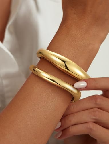 8YEARS Chunky Gold Bangle Bracelets for Women, 14k Gold Plated | Cuff Bangles, Stack Bracelet Set, Wide Trendy Fashion, Jewelry Gifts - color: B-Gold-2PCS