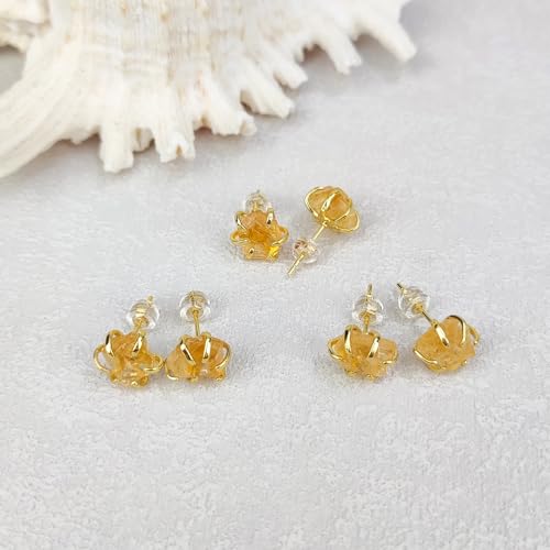 Crystal Earrings, Natural Raw Citrine Prong Setting Stud Earrings for Women, Handmade Gold Plated November Birthstone Earrings