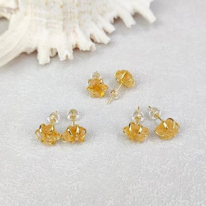 Crystal Earrings, Natural Raw Citrine Prong Setting Stud Earrings for Women, Handmade Gold Plated November Birthstone Earrings