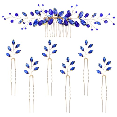 Dizila 7 Pieces Royal Blue Party Prom Wedding Bridal Crystal Rhinestone Vine Leaf Hair Side Combs + Rhinestone U-shaped Hair Pins Headpieces for Brides Bridesmaids Women Girls - color: Royal Blue