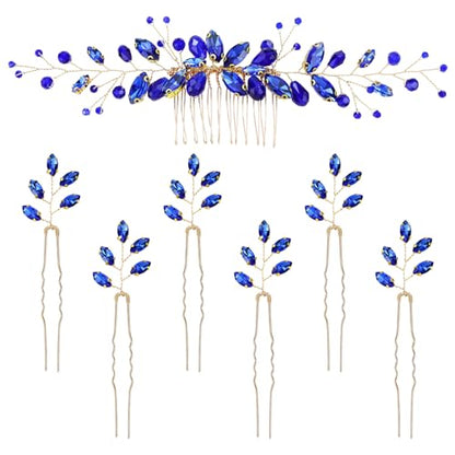 Dizila 7 Pieces Royal Blue Party Prom Wedding Bridal Crystal Rhinestone Vine Leaf Hair Side Combs + Rhinestone U-shaped Hair Pins Headpieces for Brides Bridesmaids Women Girls - color: Royal Blue