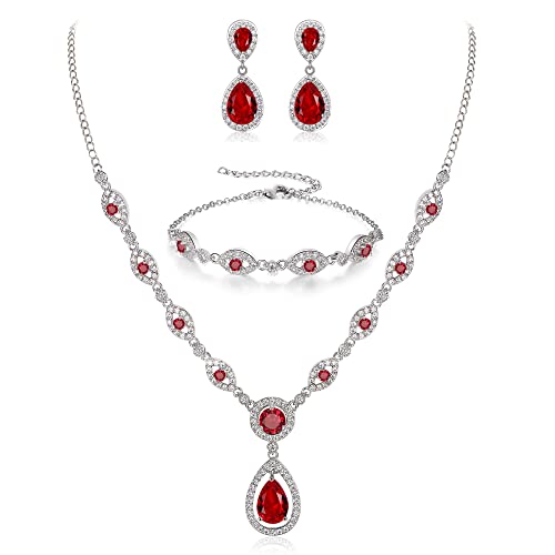 BriLove Wedding Bridal Jewelry Set for Women Cubic Zirconia Teardrop Y-Necklace Link Bracelet Dangle Earrings for Party Prom Accessories - color: Ruby Color Silver-Tone