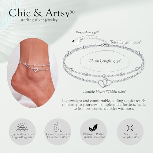 CHIC & ARTSY 925 Sterling Silver Ankle Bracelets for Women, Adjustable Layered Foot Chains with Nature & Symbol Charms, Lightweight Comfort Fit Boho Beach Everyday Jewelry - color: Heart/silver
