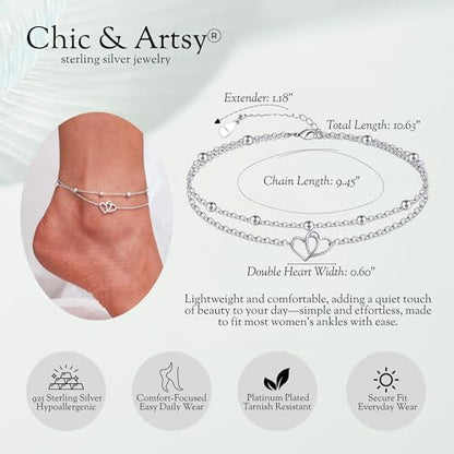 CHIC & ARTSY 925 Sterling Silver Ankle Bracelets for Women, Adjustable Layered Foot Chains with Nature & Symbol Charms, Lightweight Comfort Fit Boho Beach Everyday Jewelry - color: Heart/silver