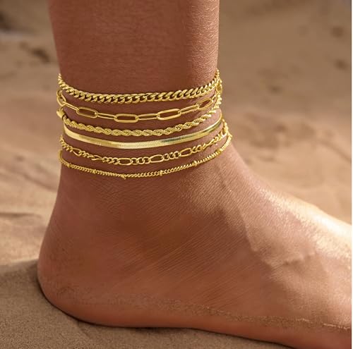 Gold Stainless Steel Anklet Chain for Women Adjustable Ankle Bracelet Fashionable Simple Design, Round mold chain - color: Gold+ Figaro Chain, size: 22+3cm
