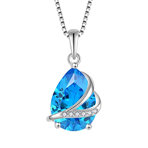 Birthstone Pendant Necklace 925 Sterling Silver Teardrop Jewelry for Women - color: Sea Blue