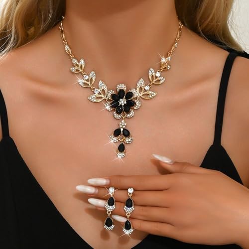 Women Crystal Jewelry Set, 3PCS Gold Bridal Earrings Princess Luxury Necklace Banquet Style Drop Necklace Stainless Steel Crystal Necklaces - color: Multicolor