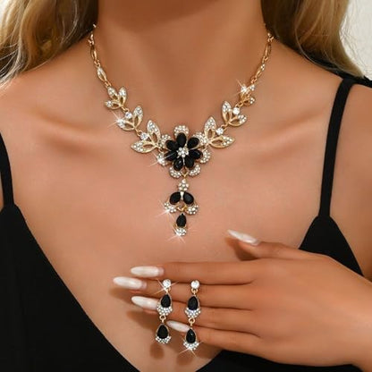Women Crystal Jewelry Set, 3PCS Gold Bridal Earrings Princess Luxury Necklace Banquet Style Drop Necklace Stainless Steel Crystal Necklaces - color: Multicolor
