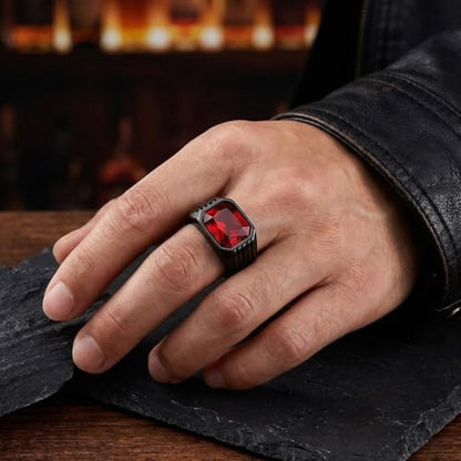 Cubic Zirconia Rings for Men Women Stainless Steel Birthstone Ring Square Cut Statement Jewelry Size 7-14 - color: Black-Ruby Stone, size: 10