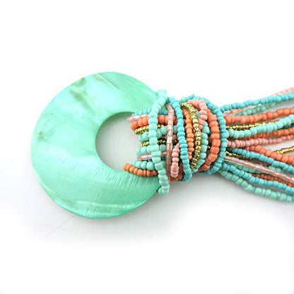 Coiris Multi Strand Statement Colorful Beaded Necklace with Big Circle Shell Pendant for Women - color: Teal