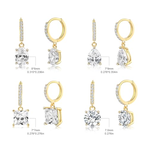 2-4 Pairs Dangle Drop Earrings for Women, 18K Gold Plated Cubic Zirconia Drop Dangle Huggie Hoop Earrings CZ Teardrop Hypoallergenic Jewelry - color: CZ Yellow Gold 2