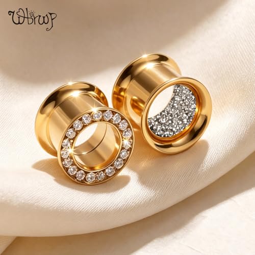 WBRWP Unisex Women 6pcs/8pcs-3pairs/4pairs Hollow Zircon Stainless Steel Screw Ear Plugs Tunnels with ZirconEar Plugs Tunnels - Ear Expander - Ear Gauges Stretcher Body Piercing 8g-5/8 - color: 4pc Gold-2 with inside shining+2 with cz