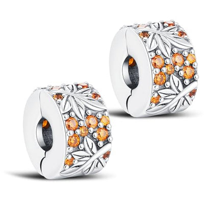 KEQ Clip Spacer Charm for Bracelet 925 Silver Pave Cubic Zirconia Clip Lock Stopper Bead Spacer For Women Bracelets Stopper Birthday Gifts European Openable Beads 2pcs - color: Fall maple leaves