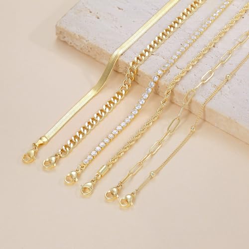 Dainty Ankle Bracelets for Women Waterproof | Layered Gold Plated Tennis Cuban Snake Rope Paperclip Beaded Link Chains Set, Summer Beach Jewelry Gift - color: Gold Anklet A