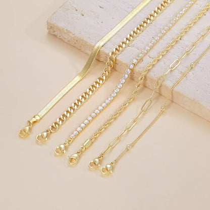 Dainty Ankle Bracelets for Women Waterproof | Layered Gold Plated Tennis Cuban Snake Rope Paperclip Beaded Link Chains Set, Summer Beach Jewelry Gift - color: Gold Anklet A