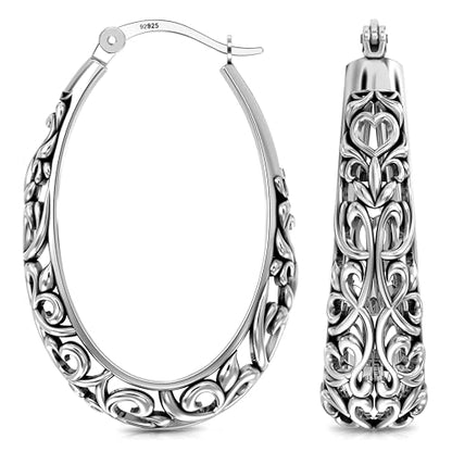 LeCalla 925 Sterling Silver Hoop Earrings | Women's Filigree Hoop Earrings | Openwork Mesh Filigree Cut Earring | Lightweight & Hypoallergenic Vintage Hoop Earrings for Women - style: Antique Vintage Filigree