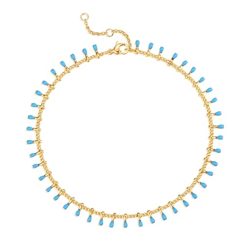 Gold Anklets for Women 14K Gold Plated Tiny Bead Anklet Colorful Tassel Foot Chain Dainty Adjustable Cute Summer Beach Boho Anklets Jewelry Gift - color: lake blue