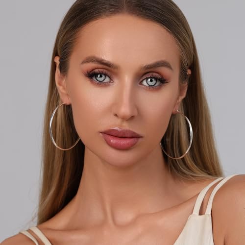 3mm Wide Large Hoop Earrings for Women Hypoallergenic 925 Sterling Silver Post Gold Earrings Lightweight Silver Hoop Earrings Oversize Big Gold Hoops 30/40/50/60MM - color: Silver, size: 60mm