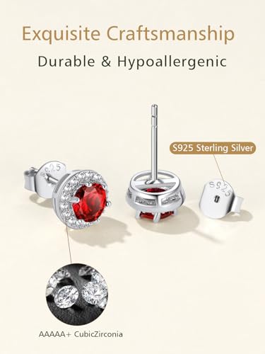 FindChic Birthstone Earrings for Women, Round/Heart/Square/Teardrop Earrings with 925 Sterling Silver Posts & Push Backs, Hypoallergenic Studs with Cubic Zirconia, 12 Months Jewelry with Gift Box - style: 01. January-Garnet (Round)