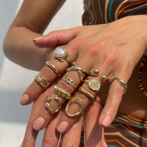 Chunky Gold Gemstone Ring Set for Women Adjustable Stackable Statement Rings Punk Geometric Turquoise Minimalist Jewelry - style: style A