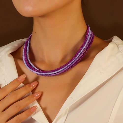 Handmade Colorful Multi-layered Multi Strand Seed Beaded Stackable Bohemian Braided Choker Necklaces for Women Summer Hawaiian Beach Holiday Boho Statement Jewelry - color: purple