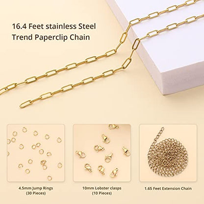 16.4 Feet Gold Stainless Steel Chains Bulk Cable Paperclip Necklace Chains Link Roll with Jump Rings Lobster Clasps Extender Chain for Jewelry Making - color: Gold Paperclip