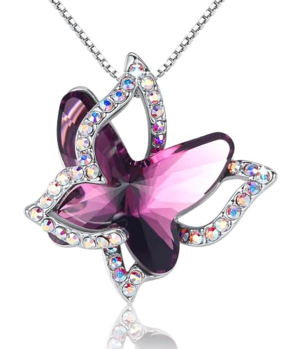 Butterfly Necklace, Birthstone Crystal, for Women, Silver Tone Pendant Jewelry, Anniversary Birthday Gift for Her, Wife & Mom, 18"+2" - color: 02a-February Birthstone - Amethyst Dark Pink Crystal
