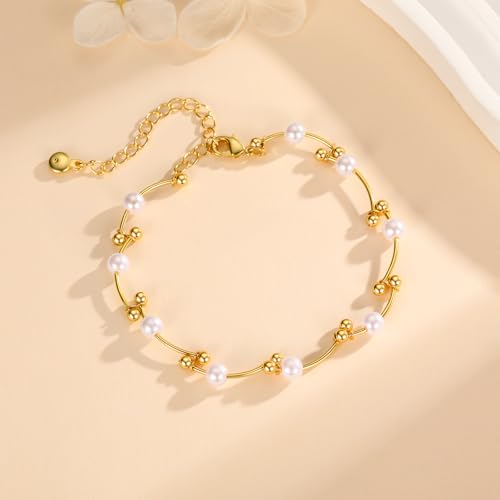 Gold Pearl Bracelet for Women, 18K Gold Plated Dainty Pearls Beaded Chain Bracelet Jewelry Gifts for Women - color: C-Gold 3