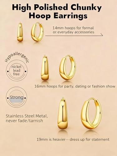 Chunky Small Hoop Earrings for Women 14mm/16mm/19mm Stainless Steel Huggie Earrings Everyday Jewelry Gift for Wife Mom, with Gift Box - color: Gold 16mm