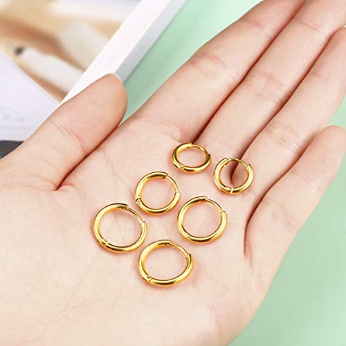 Surgical Stainless Steel Hoop Earrings 8mm/10mm/12mm Small Huggie Hoop Earrings for Women and Men - color: E: Gold (Diameter 8mm/10mm/12mm),3 Pairs