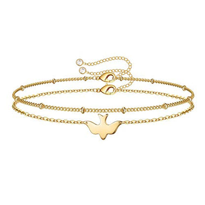 Dainty Gold Bracelets for Women, 14K Gold Plated Adjustable Layered Beads Bracelet Cute Evil Eye Oval Chain Pearl Bar Turtle Gold Bracelets for Women Jewelry - style: Dove&Beads Chain