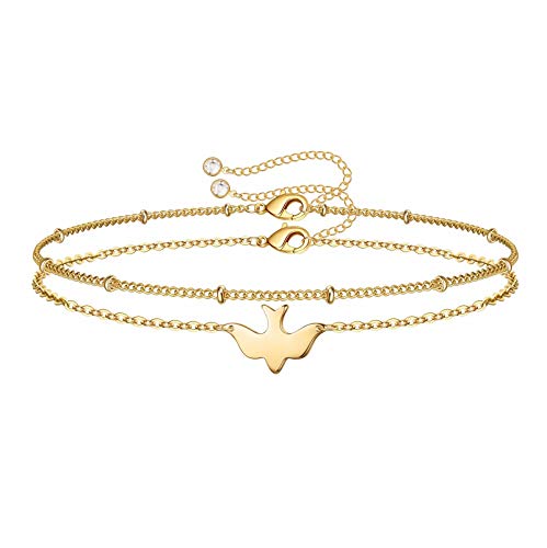 Dainty Gold Bracelets for Women, 14K Gold Plated Adjustable Layered Beads Bracelet Cute Evil Eye Oval Chain Pearl Bar Turtle Gold Bracelets for Women Jewelry - style: Dove&Beads Chain