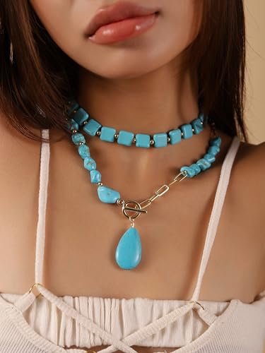 MINACHI Created Turquoise Long Necklace, Irregular Shape Beads, Bohemian Vintage Ethnic Style Jewelry for Women - style: Necklace NEC.006