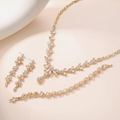EVER FAITH Marquise Crystal Leaf Bridal Prom Jewelry Set for Women Bride | Rhinestone Wedding Party Necklace Dangle Earrings Tennis Bracelet, for Bridesmaid - color: Champagne w/ White