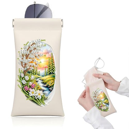 Diamond Art Painting Eye Glass Bag PU Sunglasses Glasses Storage Bag Built-in Glasses Cloth Press Automatic Closure - color: Landscape