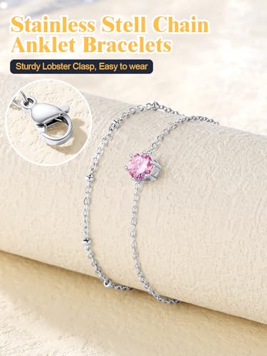 U7 Silver Ankle Bracelet for Women, Waterproof Layered Ankle Round Gem Birthstone Anklets, Summer Beach Foot Jewelry, Adjustable 8.5"-10.5" - color: 10.October-Pink Tourmaline